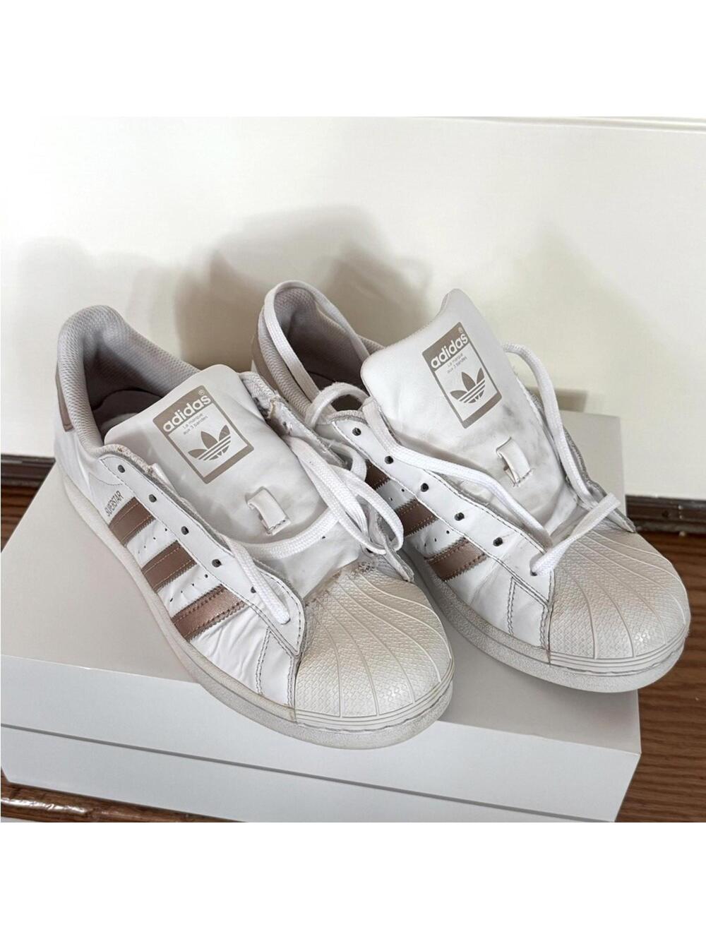 adidas Superstar White with pearlized rose gold stripes and heel 8 W